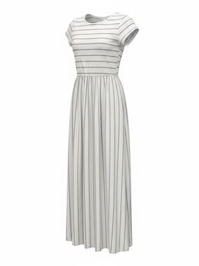 Short-Sleeve Striped Maxi Dress in Light Gray and White